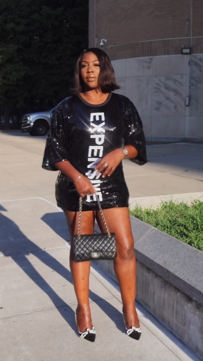 "EXPEN$IVE" LETTERING LOOSE FIT SEQUINS DRESS.