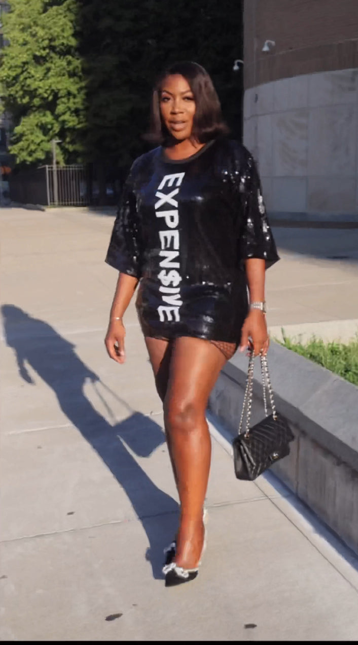 "EXPEN$IVE" LETTERING LOOSE FIT SEQUINS DRESS.