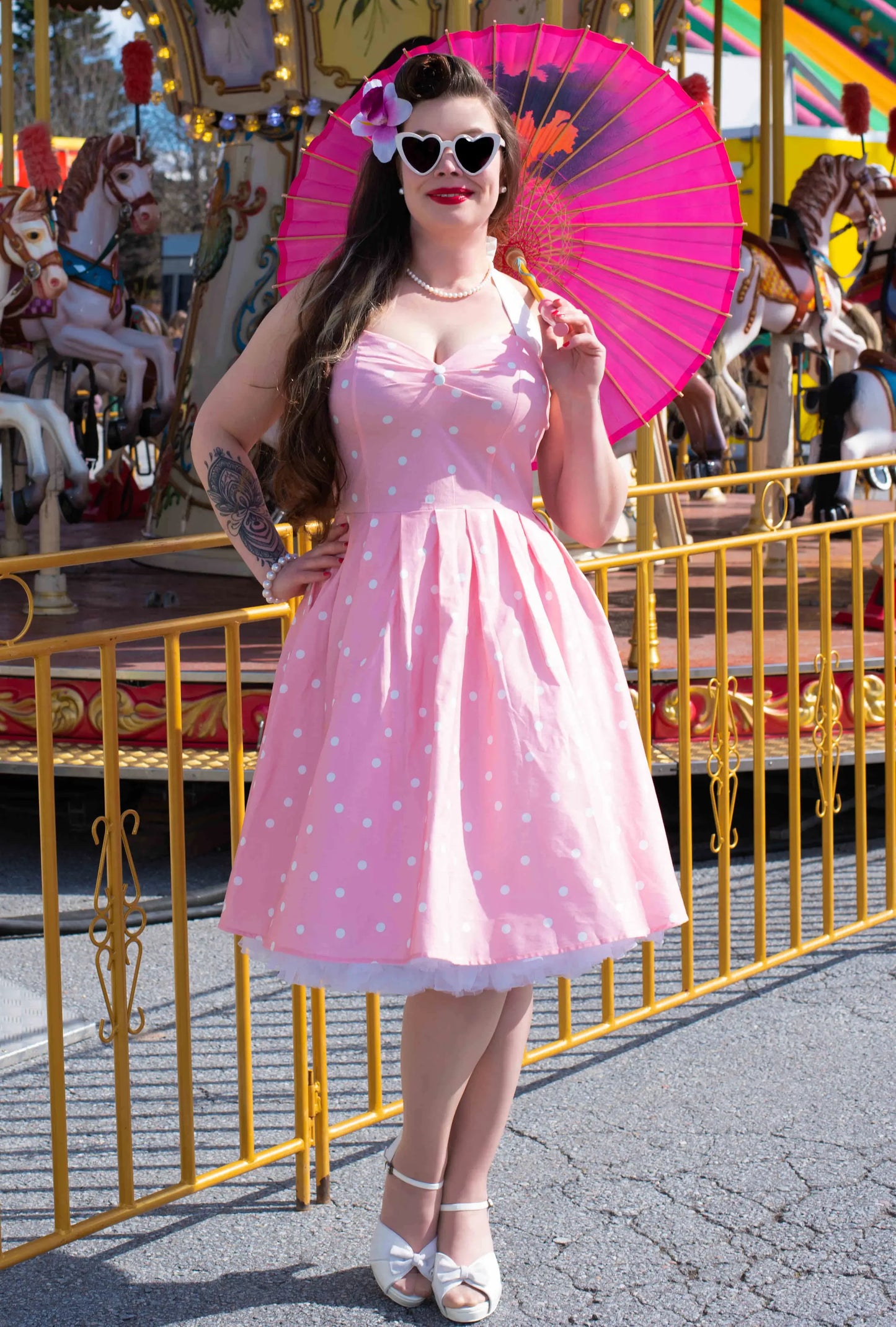 Alter neck Swing Dress. Polka dot/pink/white