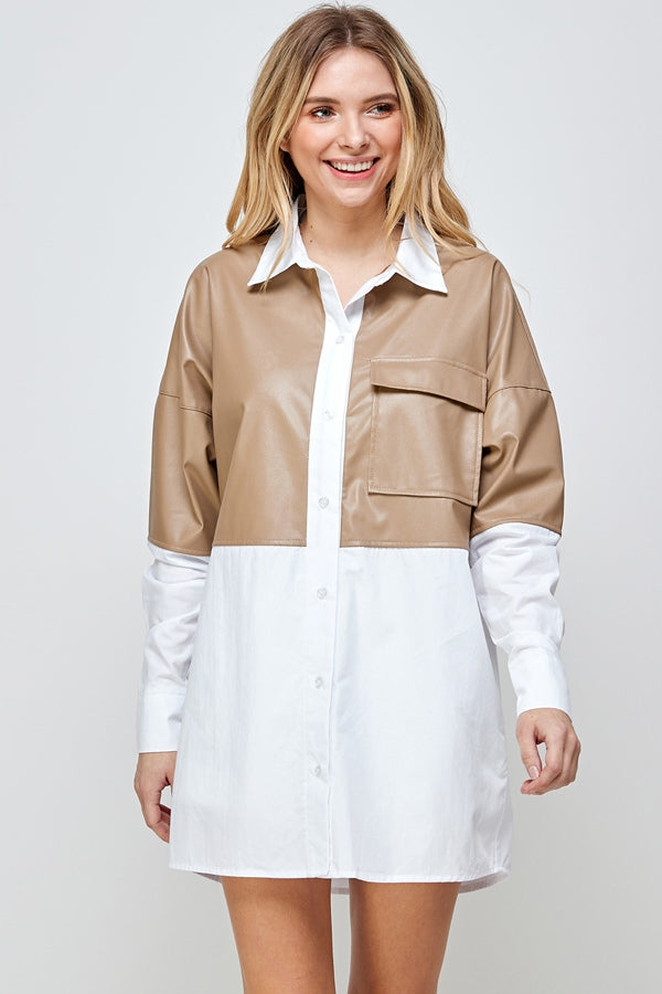 Half/Half shirt dress. PU leather . LATTE / IVORY BRN