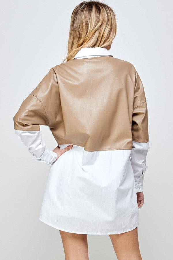 Half/Half shirt dress. PU leather . LATTE / IVORY BRN