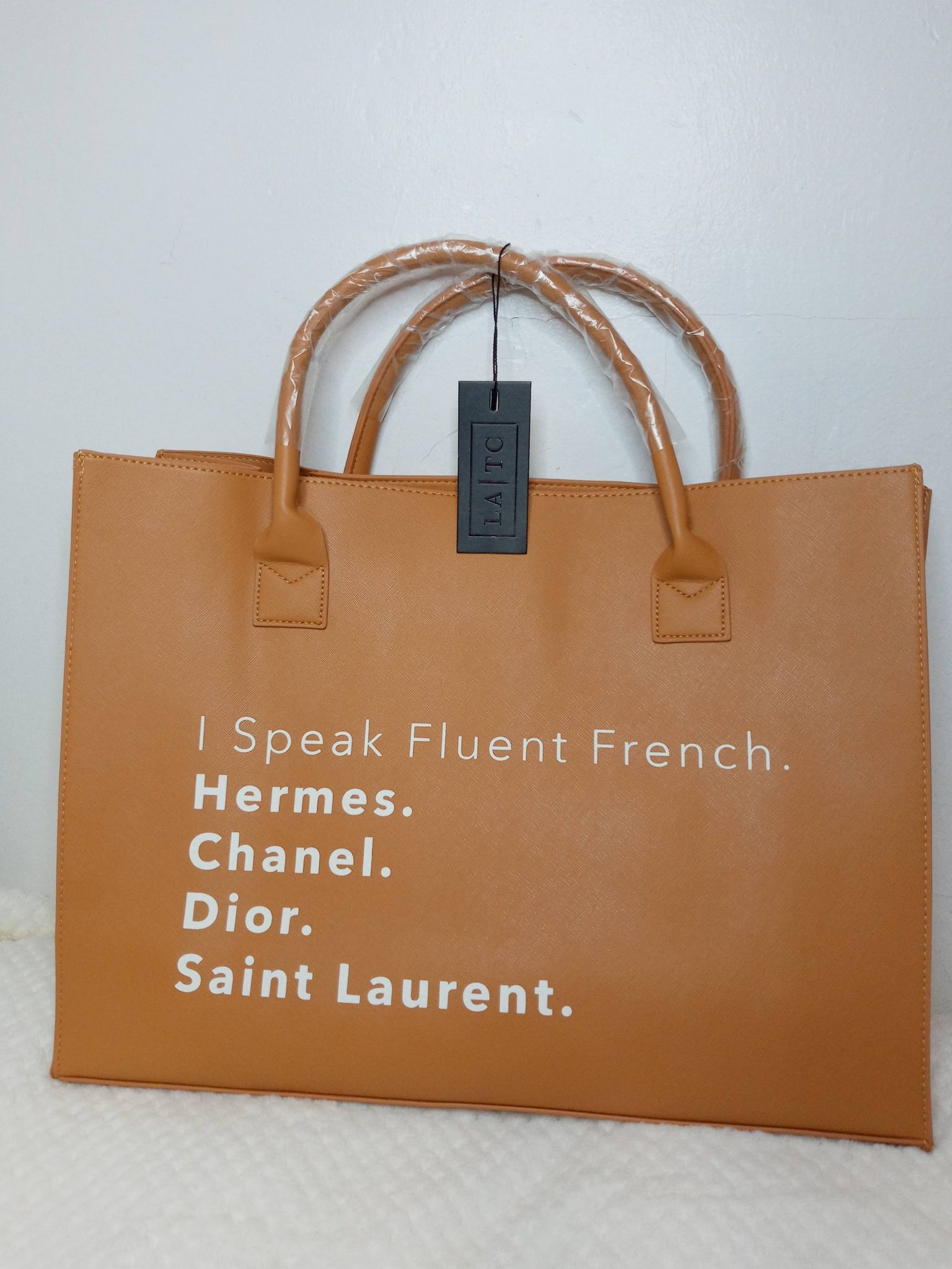 I SPEAK FLUENT FRENCH VEGAN LEATHER TOTE BAG. TAN (Sold out,currentl –  PINK AND TAYLOR