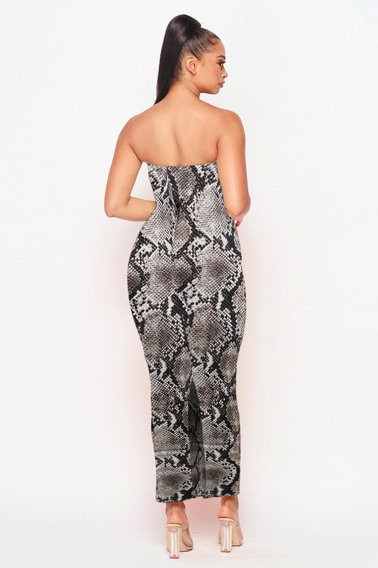 SNAKE PRINT TUBE MAXI DRESS.