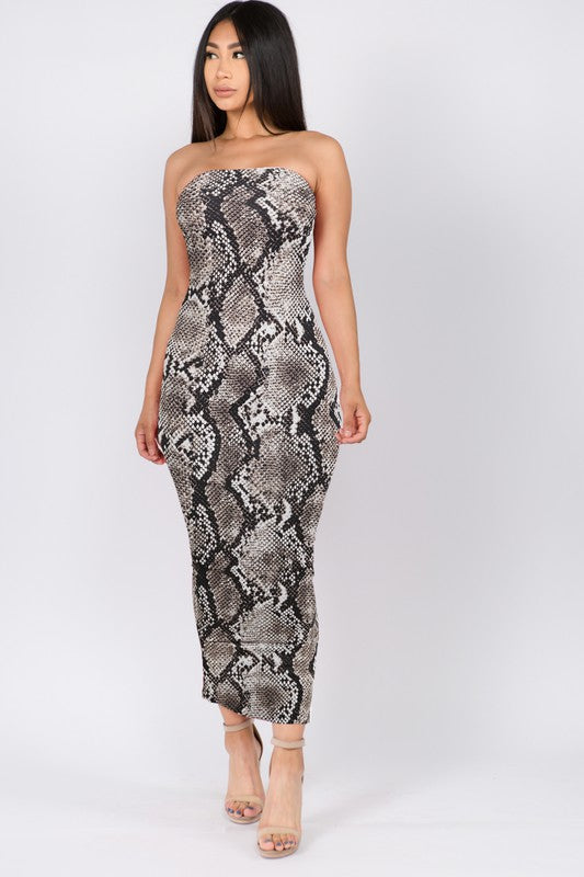 SNAKE PRINT TUBE MAXI DRESS.